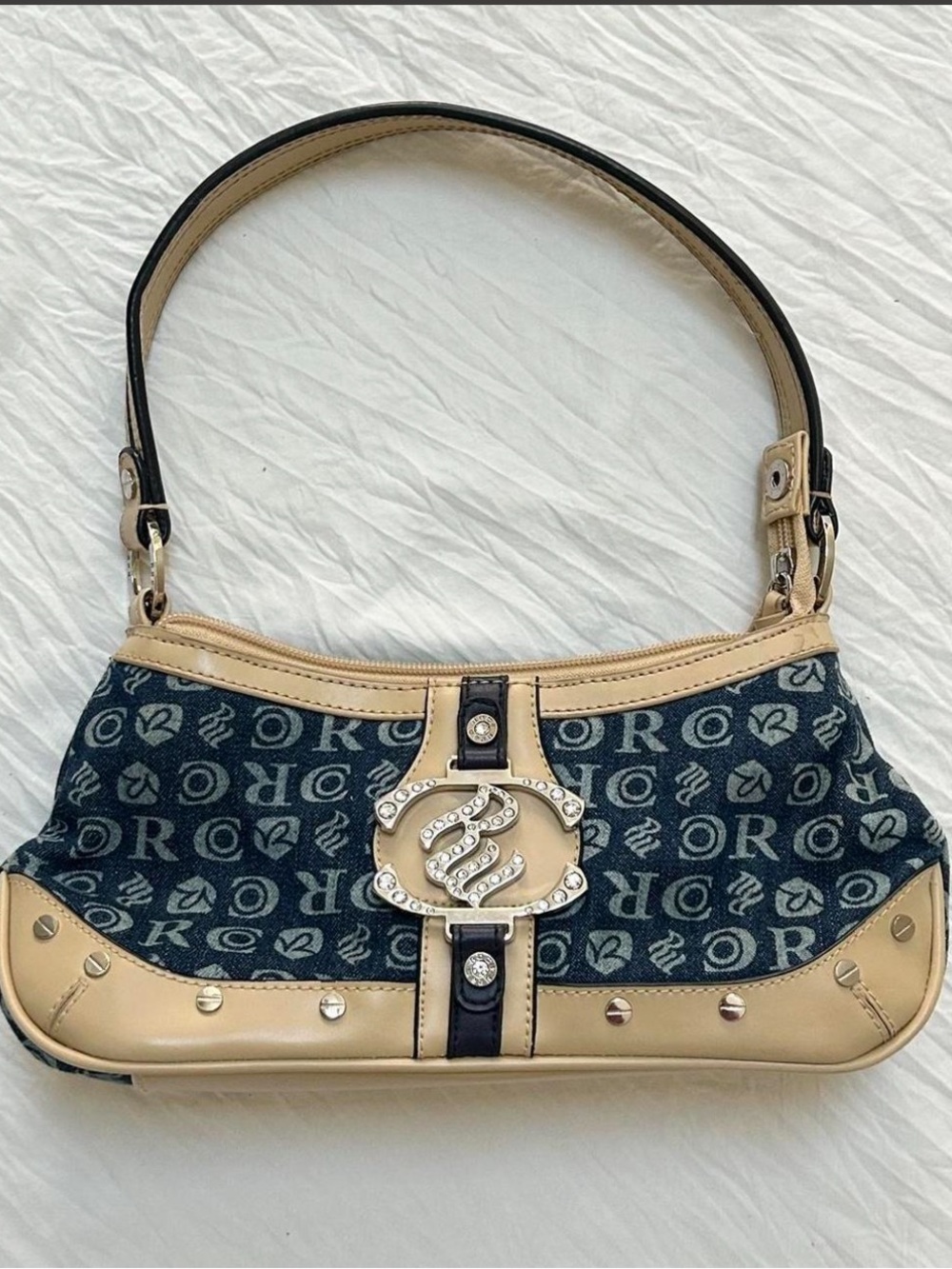 Rocawear Navy Monogram Shoulder Bag with Beige Trim
